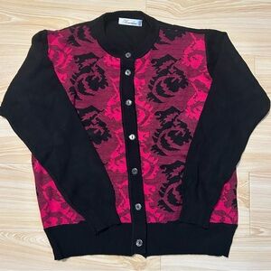Veronese Black and Pink Retro Floral Art Button Down Cardigan fits like 8-10 M